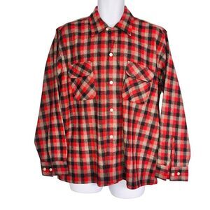 Vintage 70s Envoy Mens Board Shirt L Red Black Plaid Long Sleeve Wool